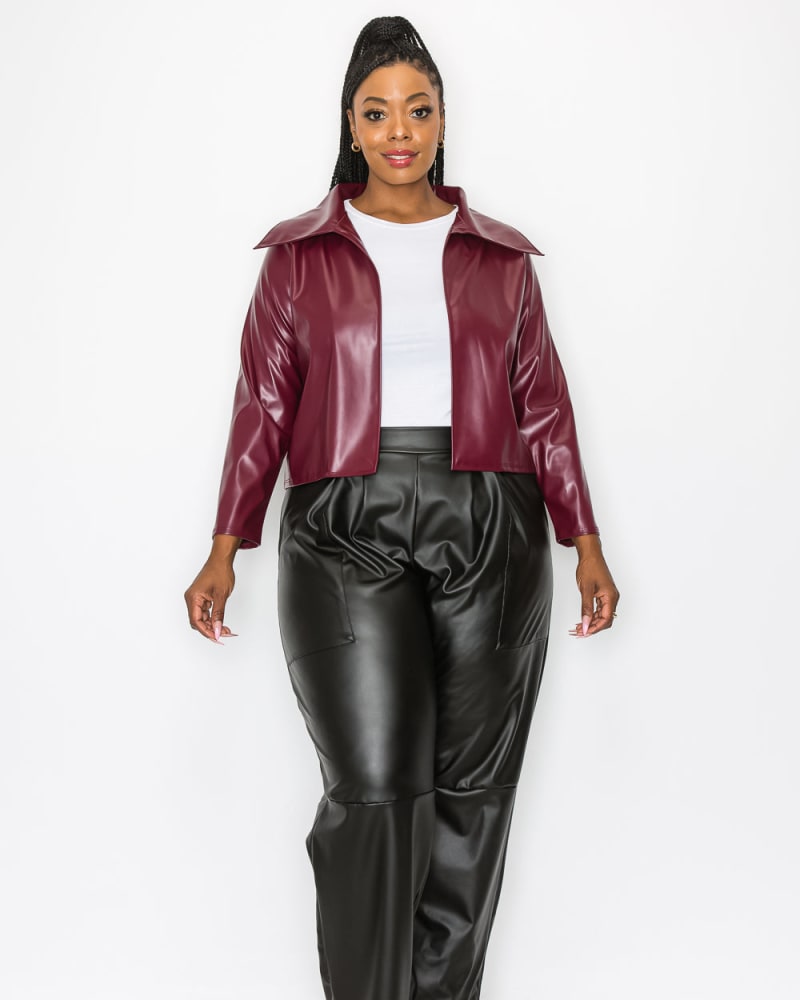 Front of a model wearing a size 1X Ryder Crop Vegan Leather Jacket in Burgundy by L I V D. | dia_product_style_image_id:266532